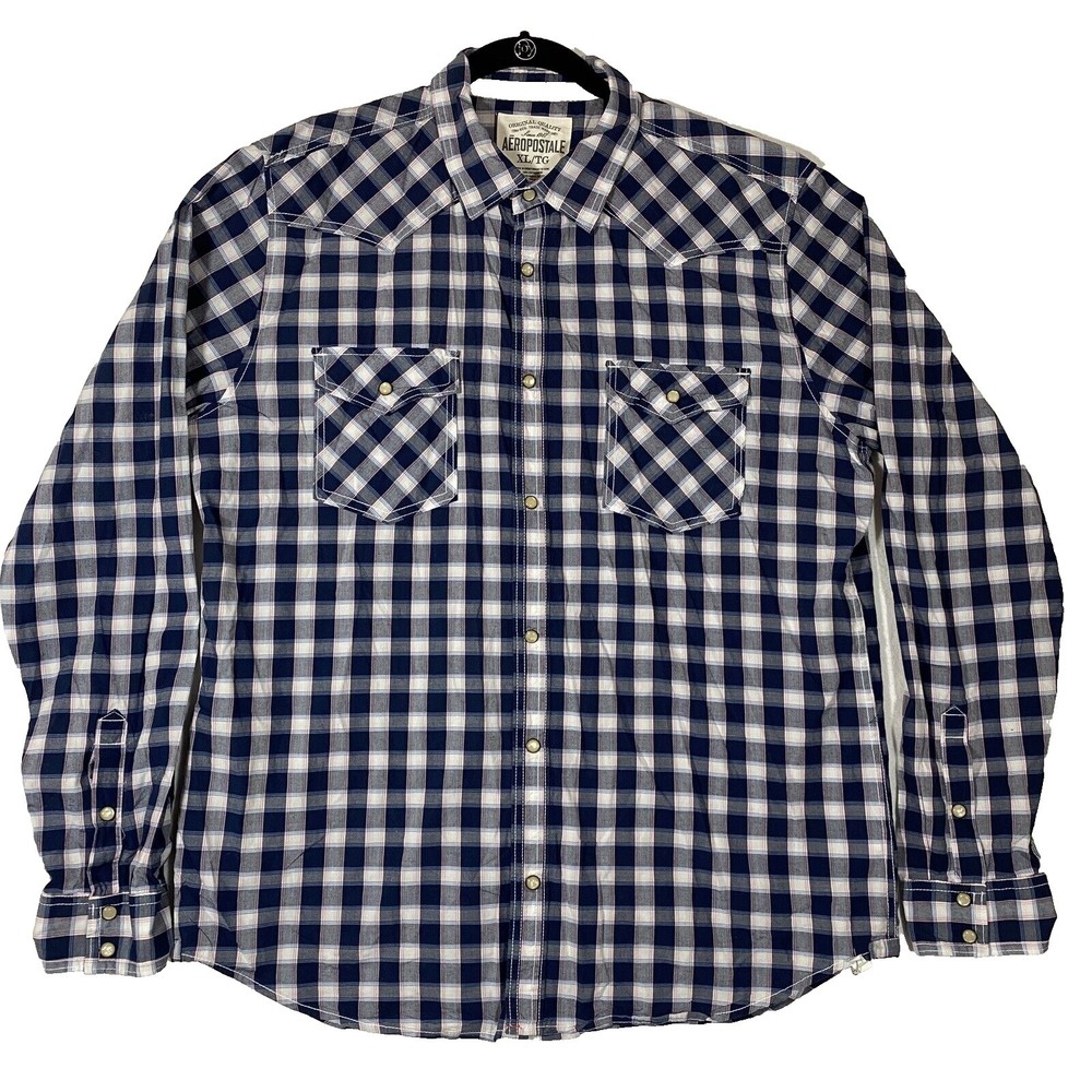 Aeropostale Mens Size XL Western Pearl Snap Button Shirt Plaid Blue White Red